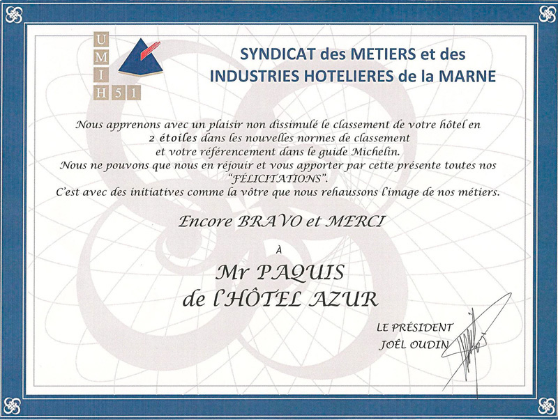 carte de félicitations du syndicat des métiers et des industries hôtelières de la Marne pour avoir reçu 2 étoiles au guide michelin